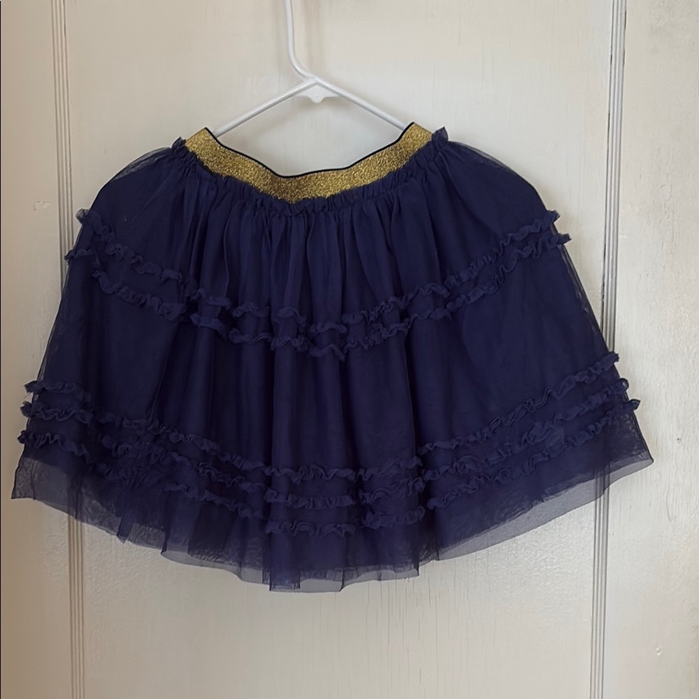 Navy Blue Tiered Tulle Skirt with Gold Waistband